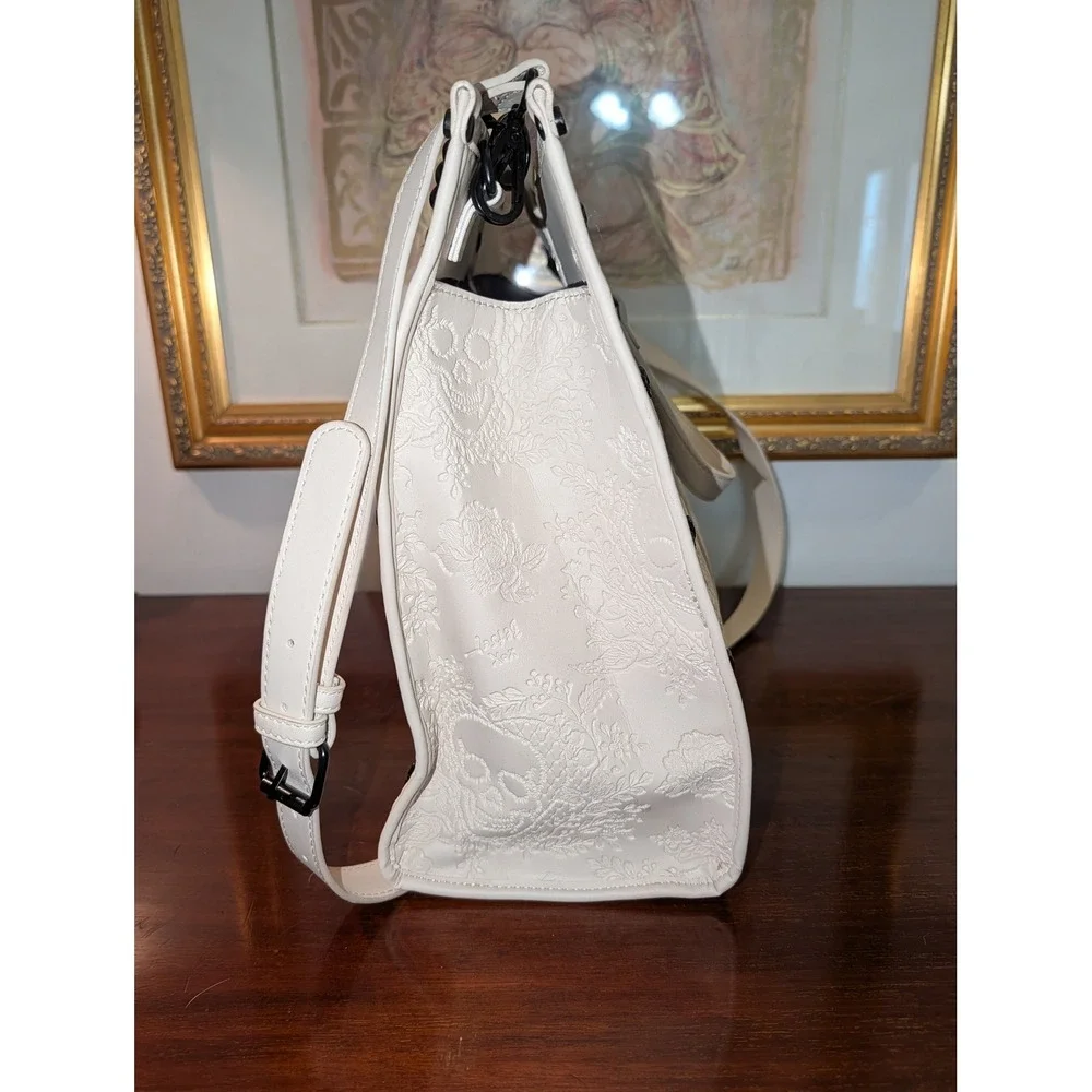 Betsey Johnson Cream Embossed Skull Floral Tote Bag Black Studded Crossbody Tote